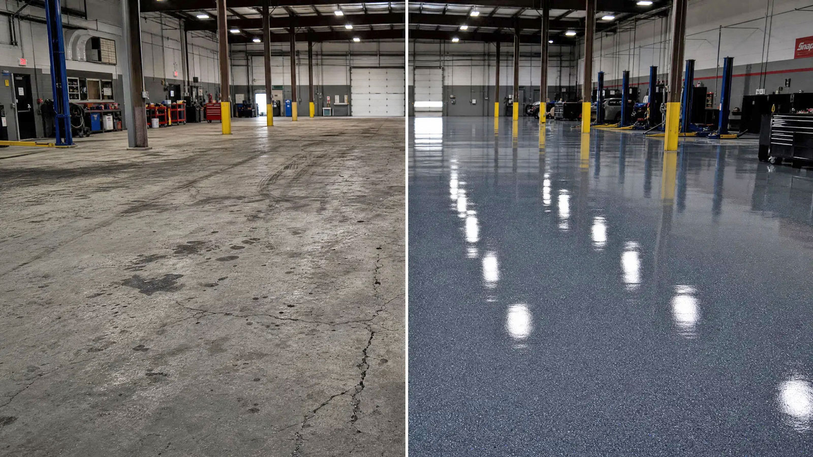 Commercial floor coating before and after — auto shop in Augusta GA